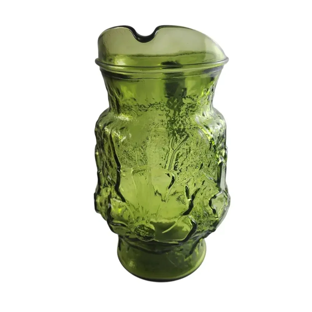 Vintage Anchor Hocking Green Rain Flower Textured Pattern Glass Pitcher 64oz